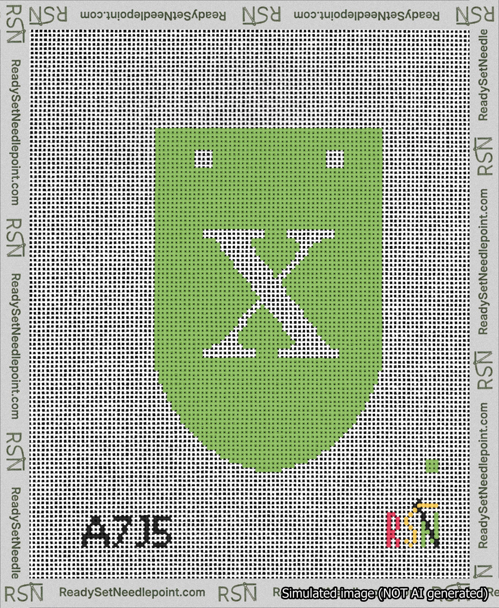 A taped needlepoint canvas with the design: Banner 13 mesh count Rounded X White on Light Green.