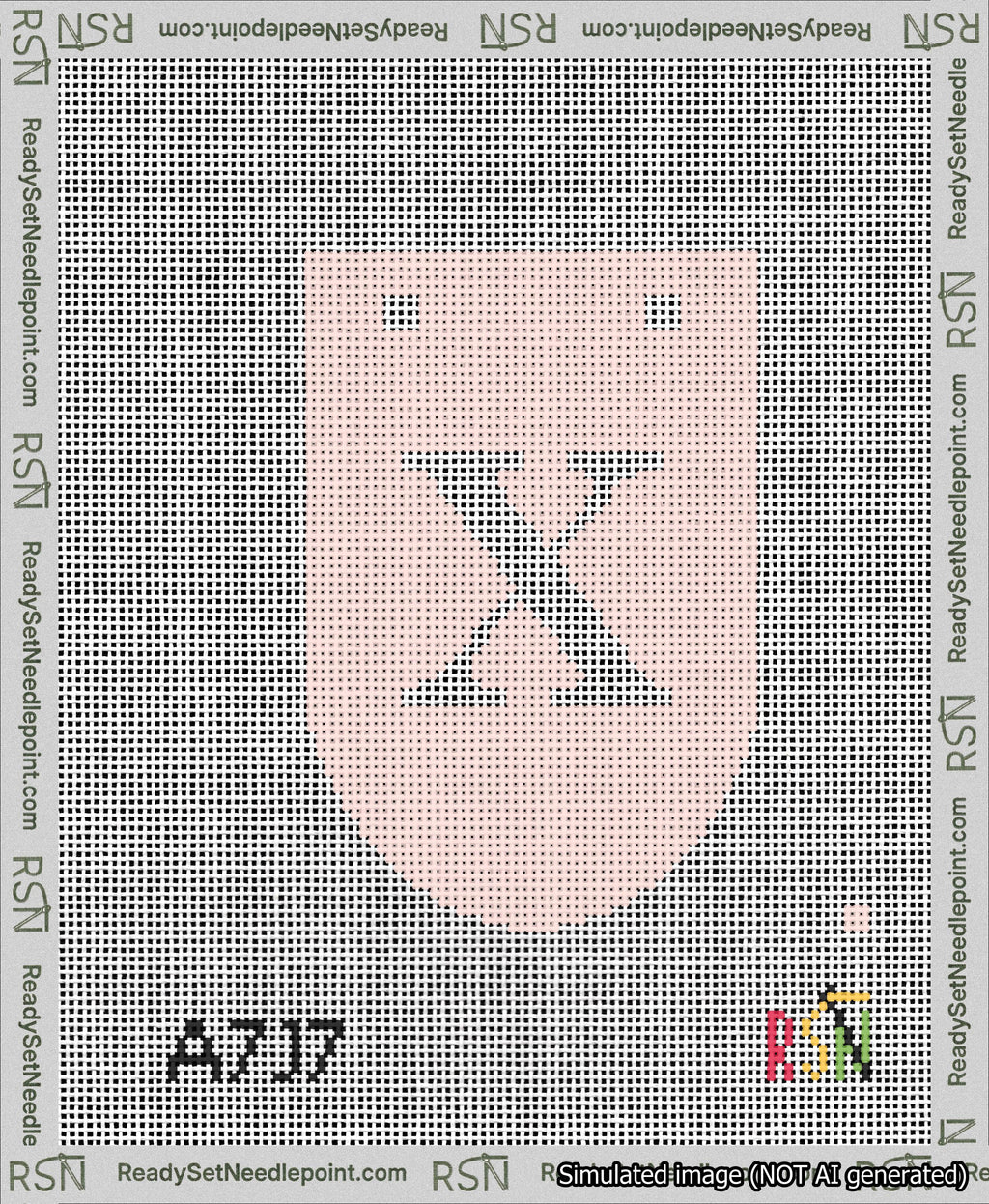 A taped needlepoint canvas with the design: Banner 13 mesh count Rounded X White on Pink.