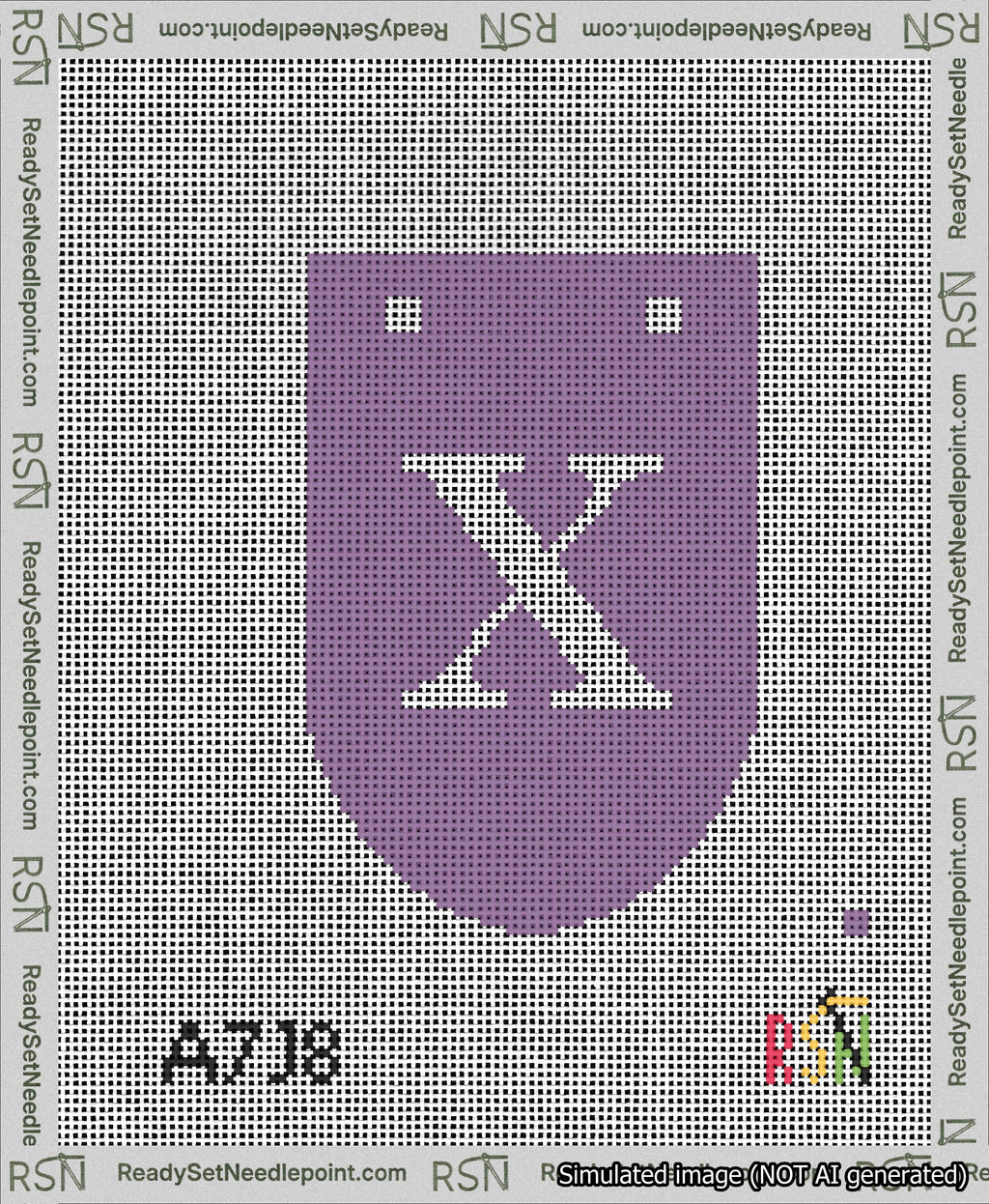 A taped needlepoint canvas with the design: Banner 13 mesh count Rounded X White on Purple.