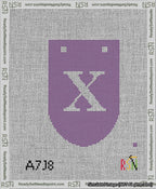 A taped needlepoint canvas with the design: Banner 13 mesh count Rounded X White on Purple.