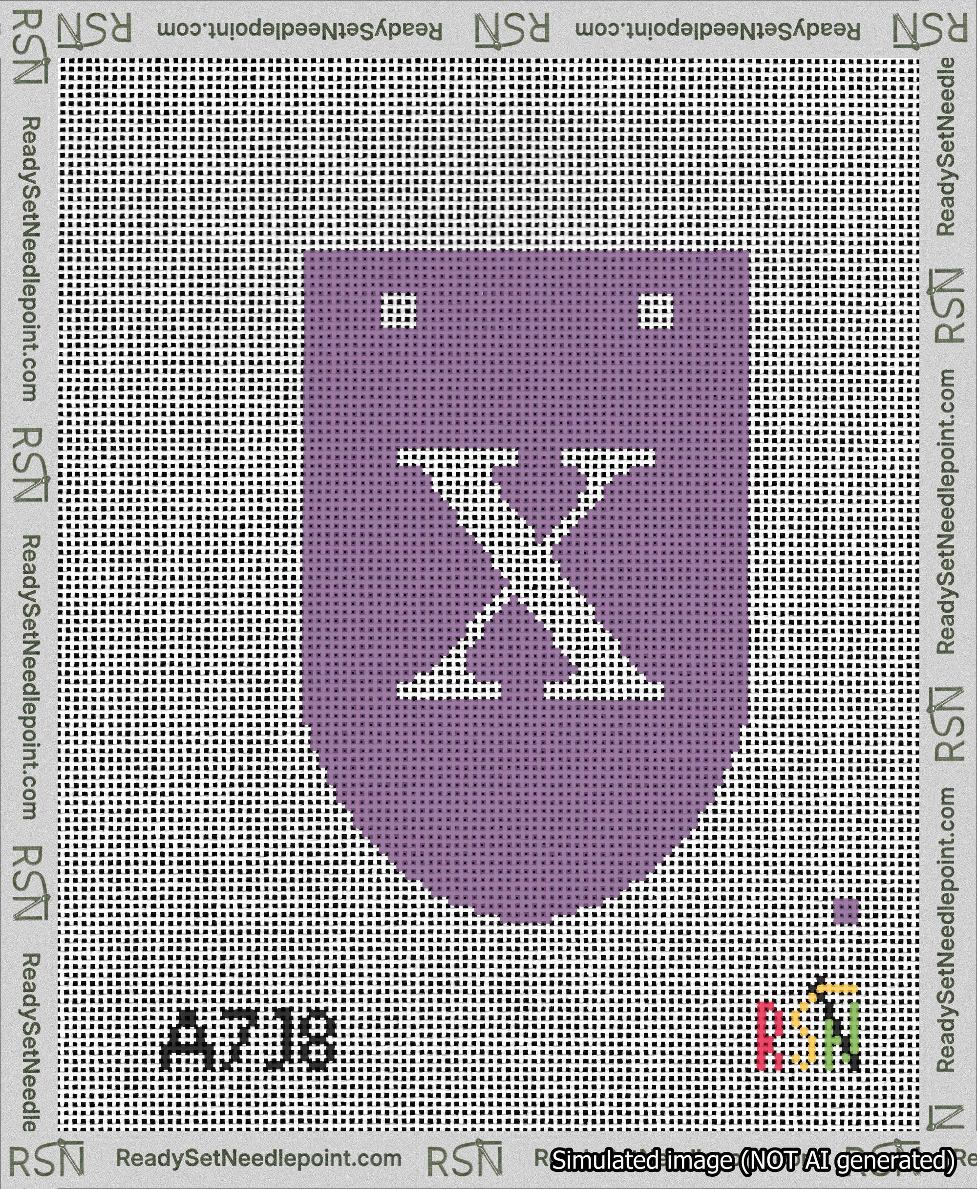 A taped needlepoint canvas with the design: Banner 13 mesh count Rounded X White on Purple.