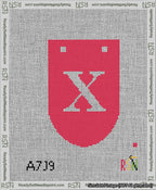 A taped needlepoint canvas with the design: Banner 13 mesh count Rounded X White on Red.