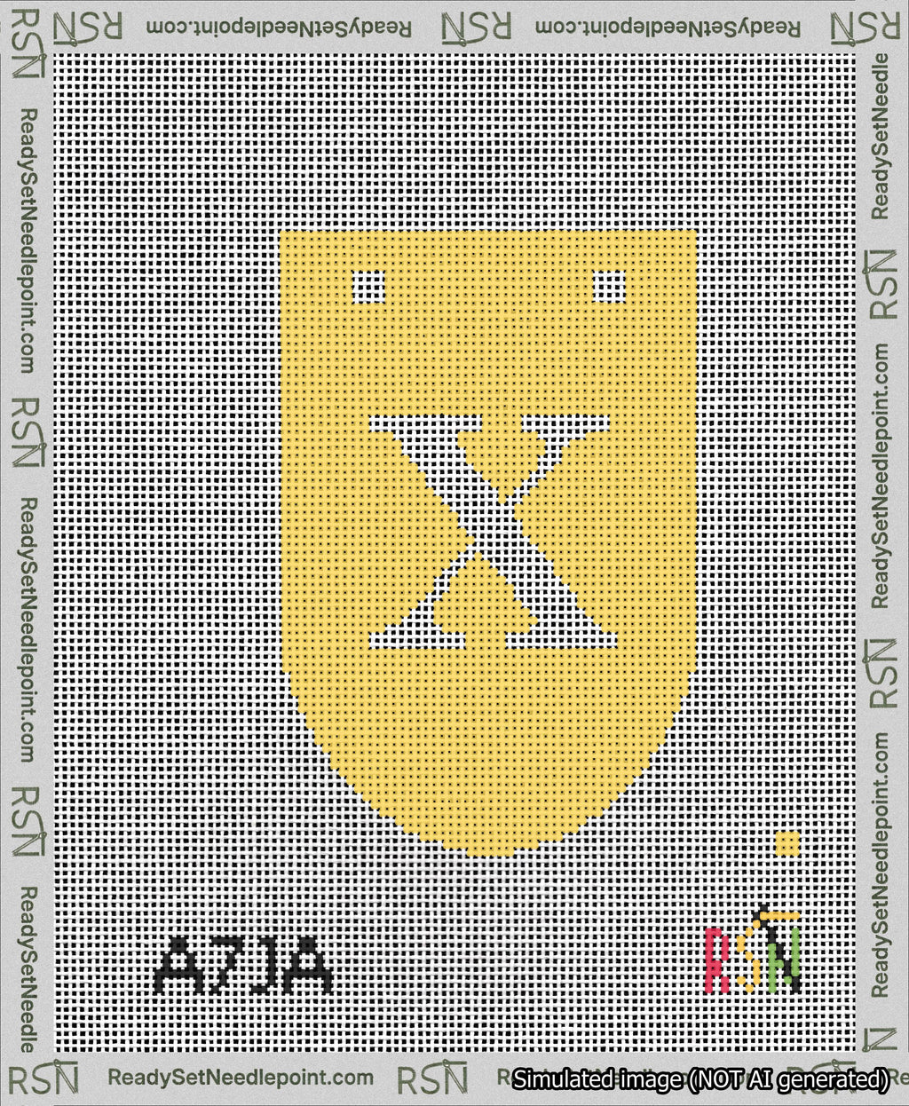 A taped needlepoint canvas with the design: Banner 13 mesh count Rounded X White on Yellow.