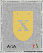 A taped needlepoint canvas with the design: Banner 13 mesh count Rounded X White on Yellow.