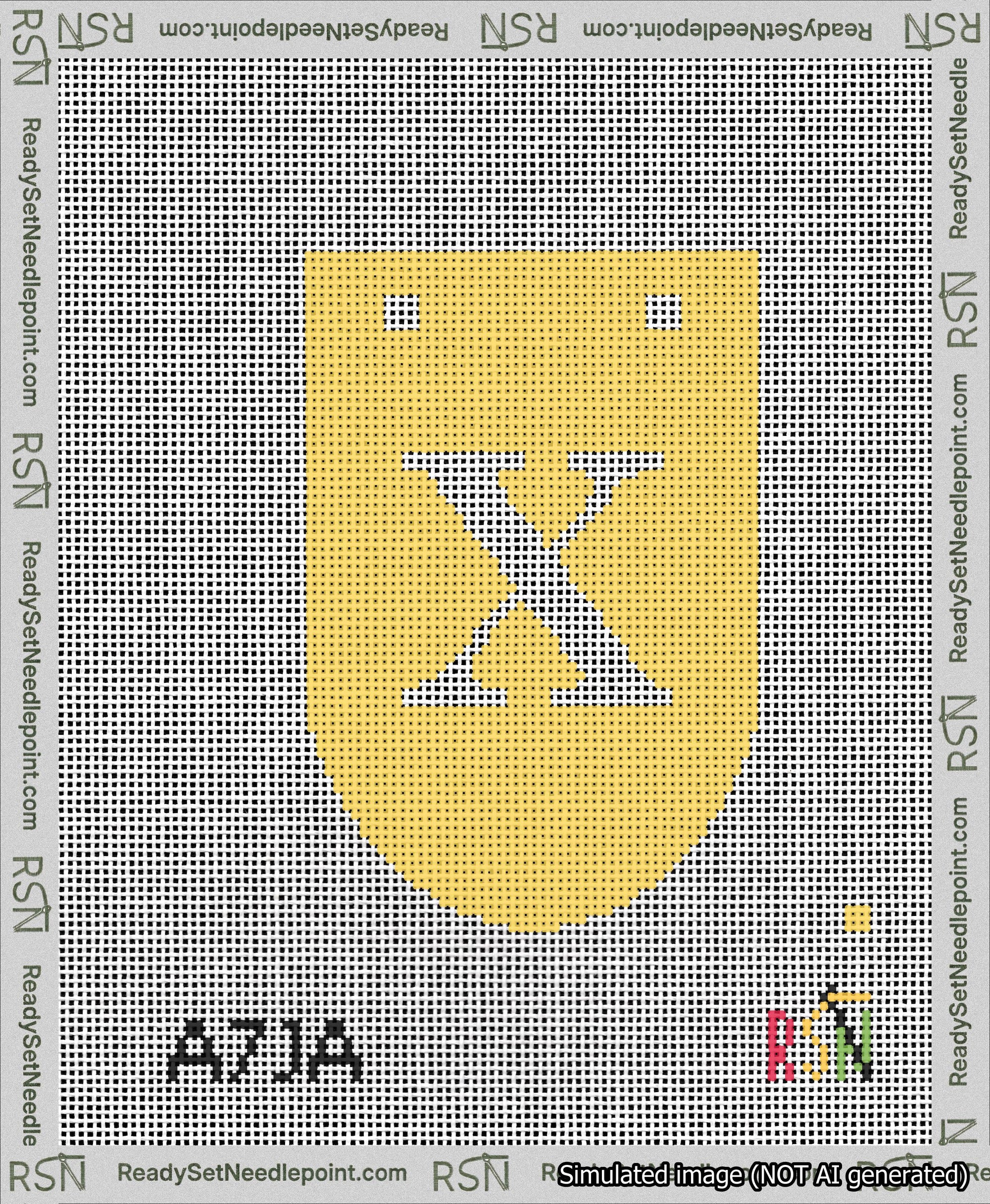 A taped needlepoint canvas with the design: Banner 13 mesh count Rounded X White on Yellow.