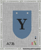 A taped needlepoint canvas with the design: Banner 13 mesh count Rounded Y Black on Blue.