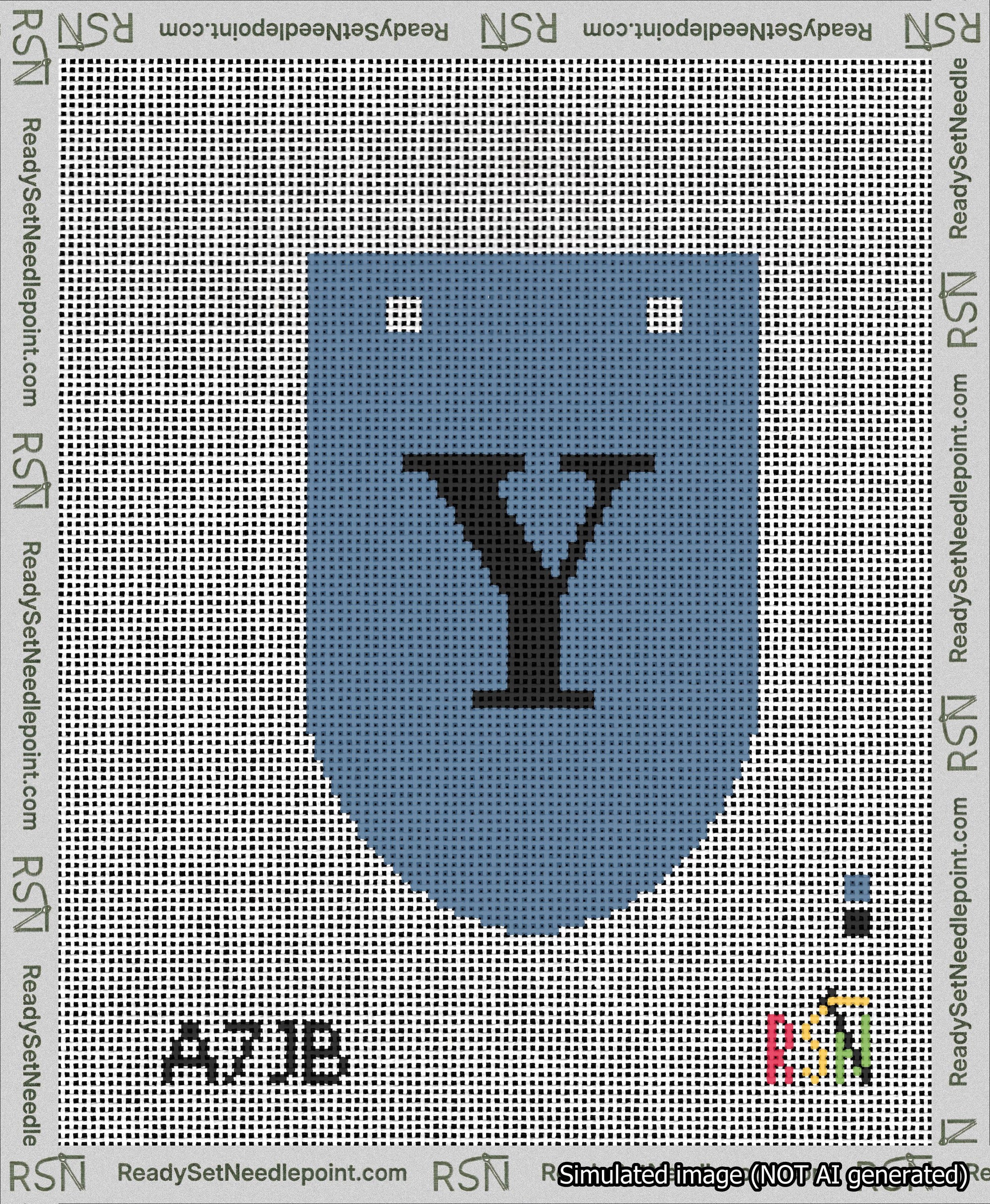 A taped needlepoint canvas with the design: Banner 13 mesh count Rounded Y Black on Blue.