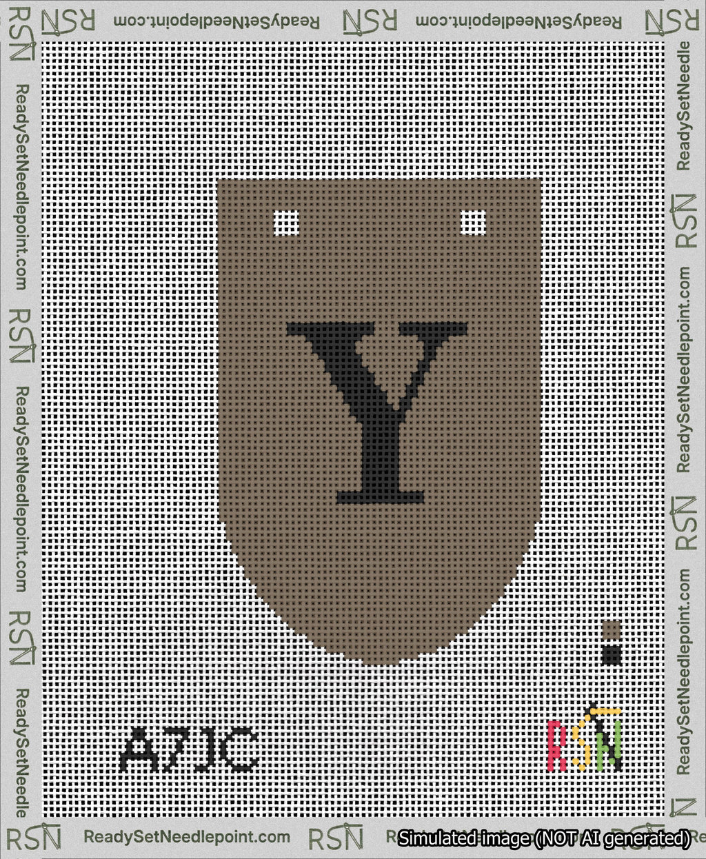 A taped needlepoint canvas with the design: Banner 13 mesh count Rounded Y Black on Brown.