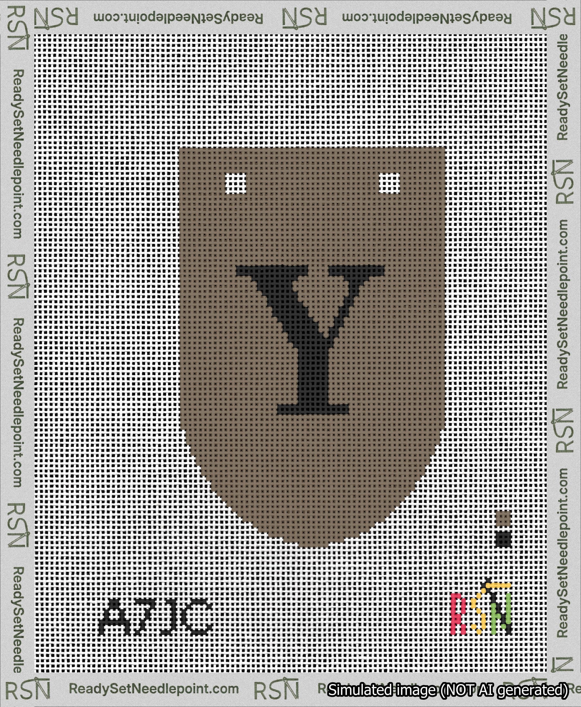 A taped needlepoint canvas with the design: Banner 13 mesh count Rounded Y Black on Brown.