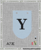 A taped needlepoint canvas with the design: Banner 13 mesh count Rounded Y Black on Light Blue.
