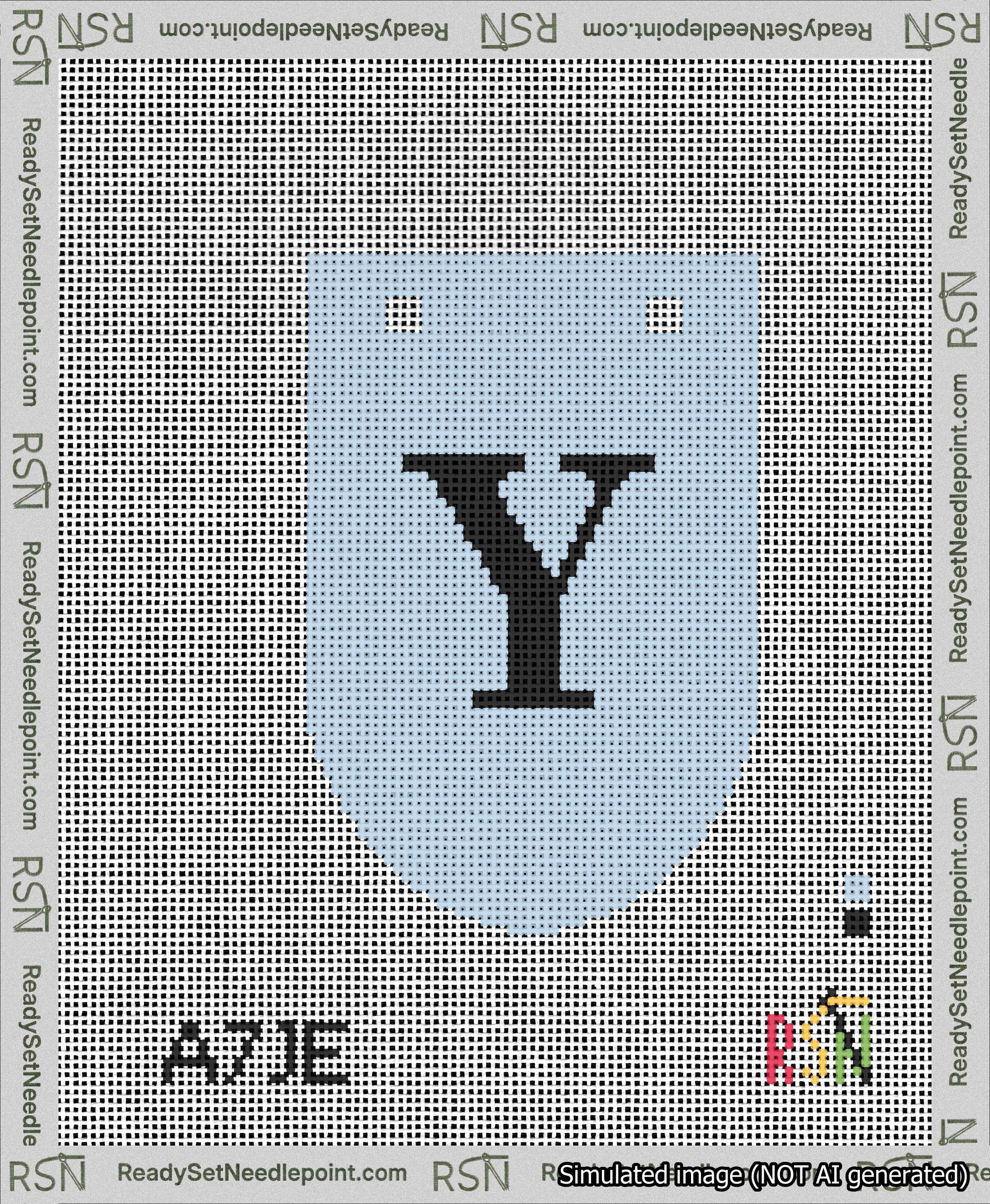 A taped needlepoint canvas with the design: Banner 13 mesh count Rounded Y Black on Light Blue.