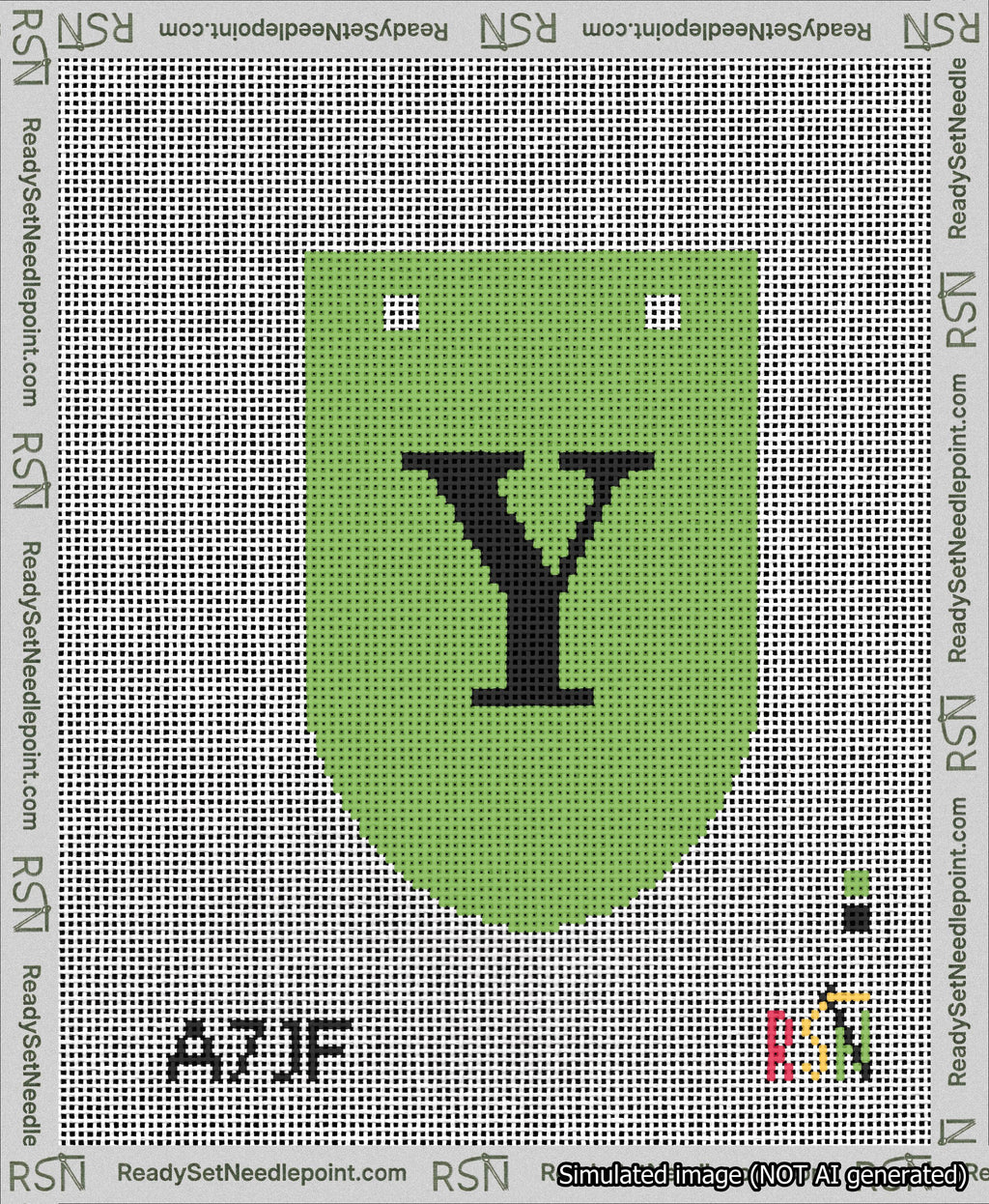 A taped needlepoint canvas with the design: Banner 13 mesh count Rounded Y Black on Light Green.
