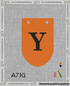 A taped needlepoint canvas with the design: Banner 13 mesh count Rounded Y Black on Orange.