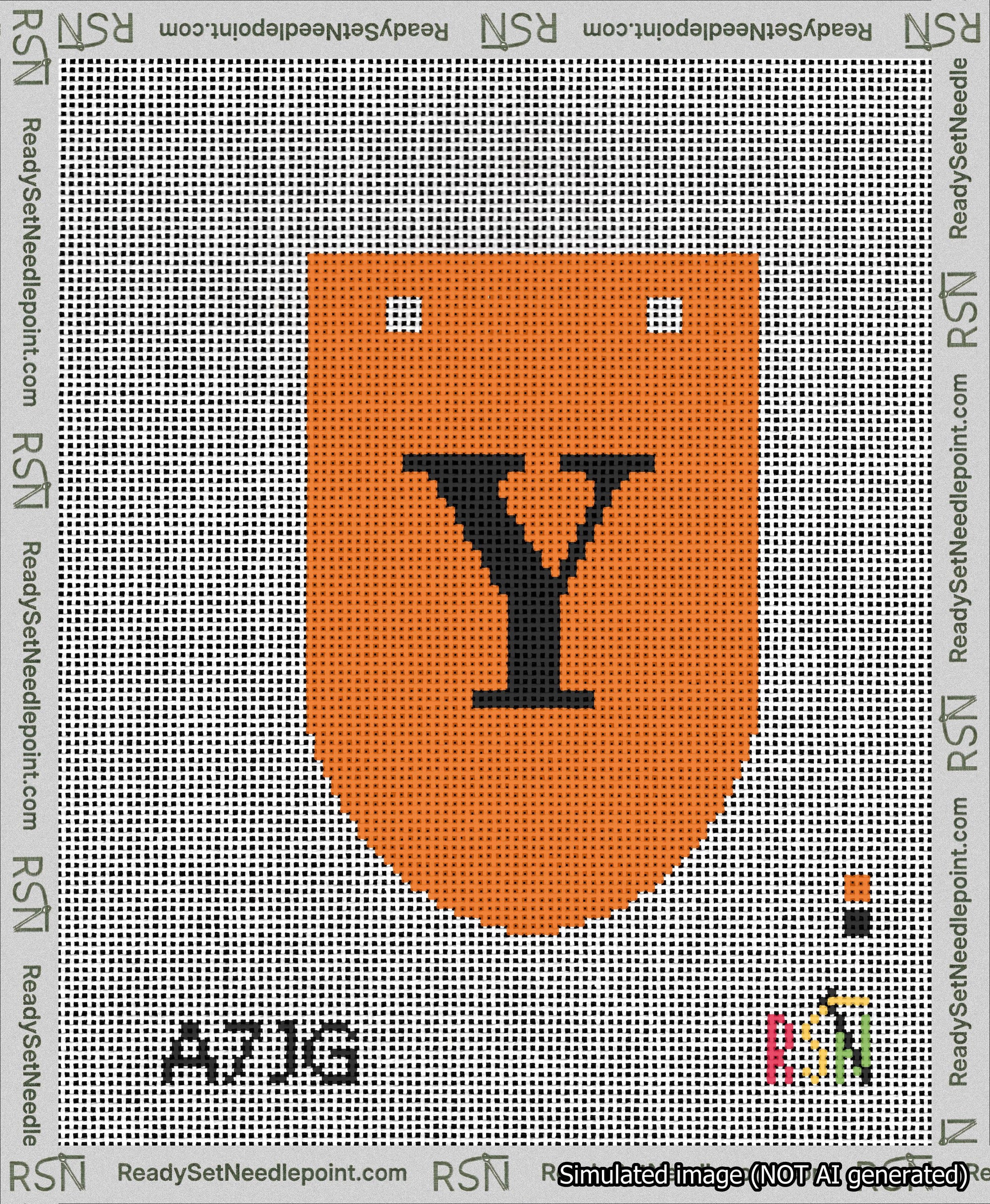 A taped needlepoint canvas with the design: Banner 13 mesh count Rounded Y Black on Orange.