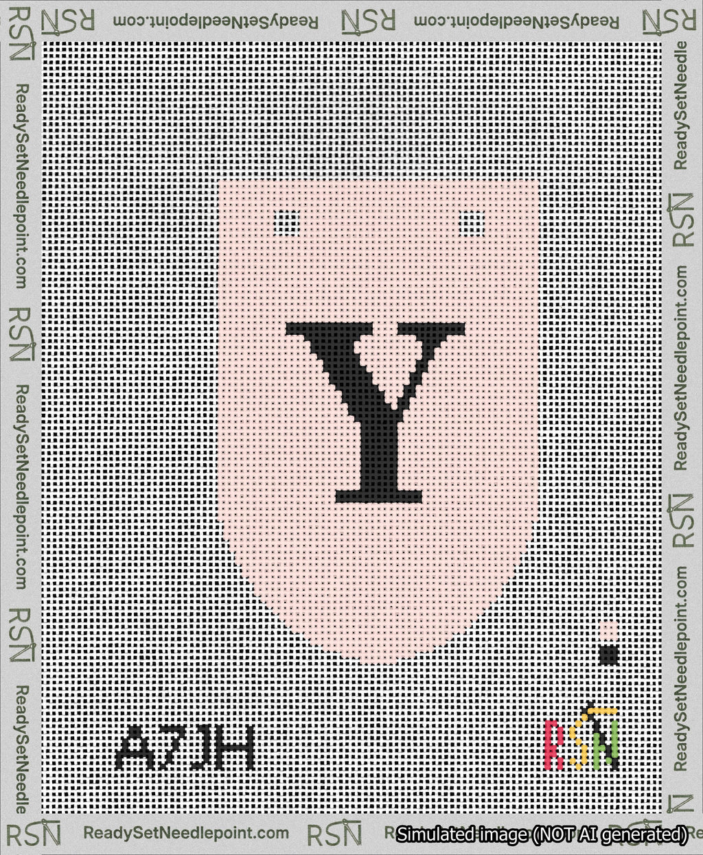 A taped needlepoint canvas with the design: Banner 13 mesh count Rounded Y Black on Pink.