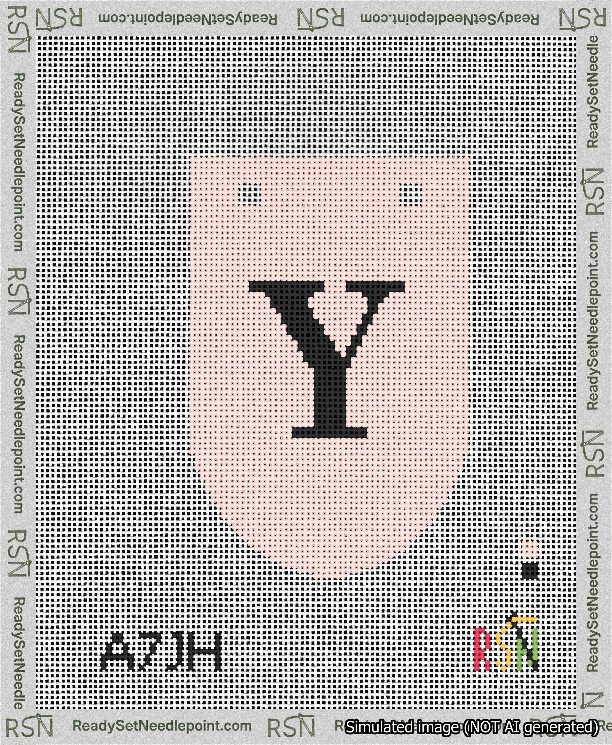 A taped needlepoint canvas with the design: Banner 13 mesh count Rounded Y Black on Pink.
