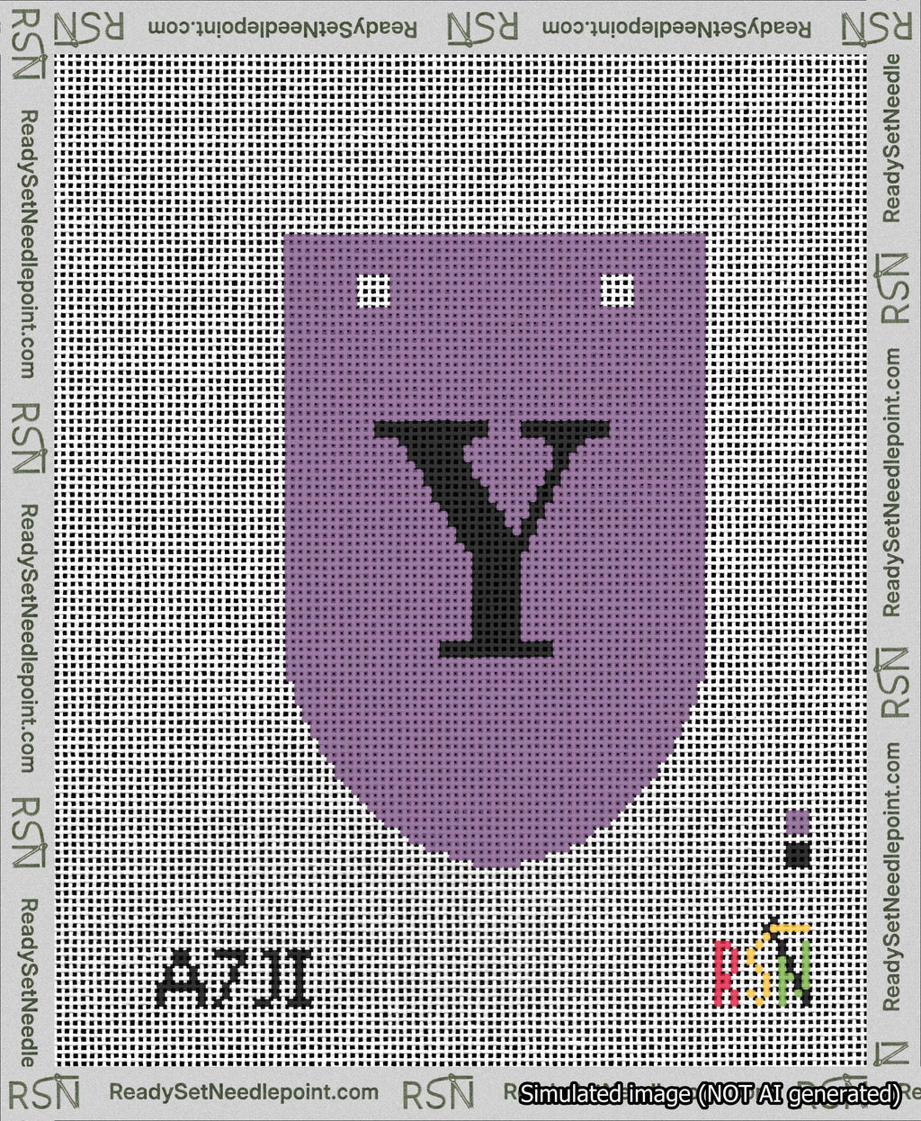 A taped needlepoint canvas with the design: Banner 13 mesh count Rounded Y Black on Purple.