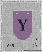 A taped needlepoint canvas with the design: Banner 13 mesh count Rounded Y Black on Purple.