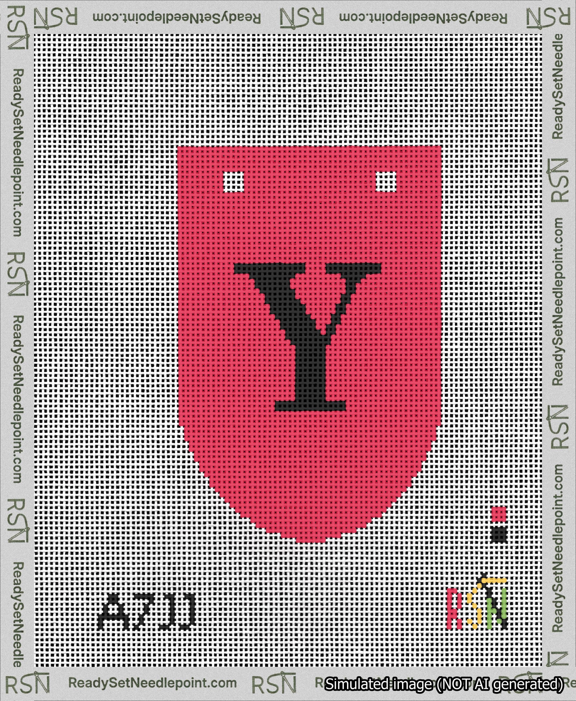 A taped needlepoint canvas with the design: Banner 13 mesh count Rounded Y Black on Red.