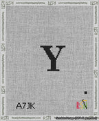 A taped needlepoint canvas with the design: Banner 13 mesh count Rounded Y Black on White.