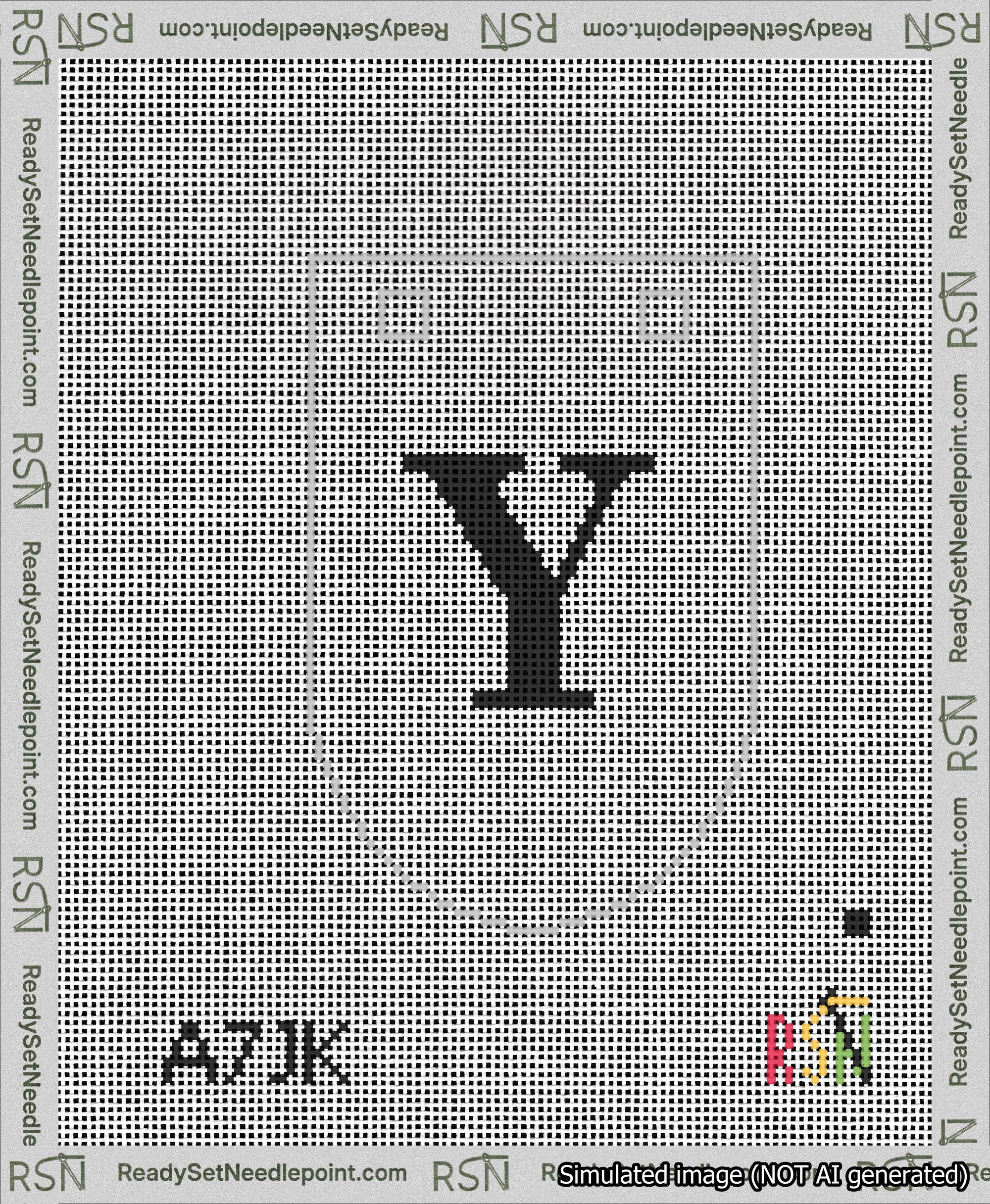 A taped needlepoint canvas with the design: Banner 13 mesh count Rounded Y Black on White.