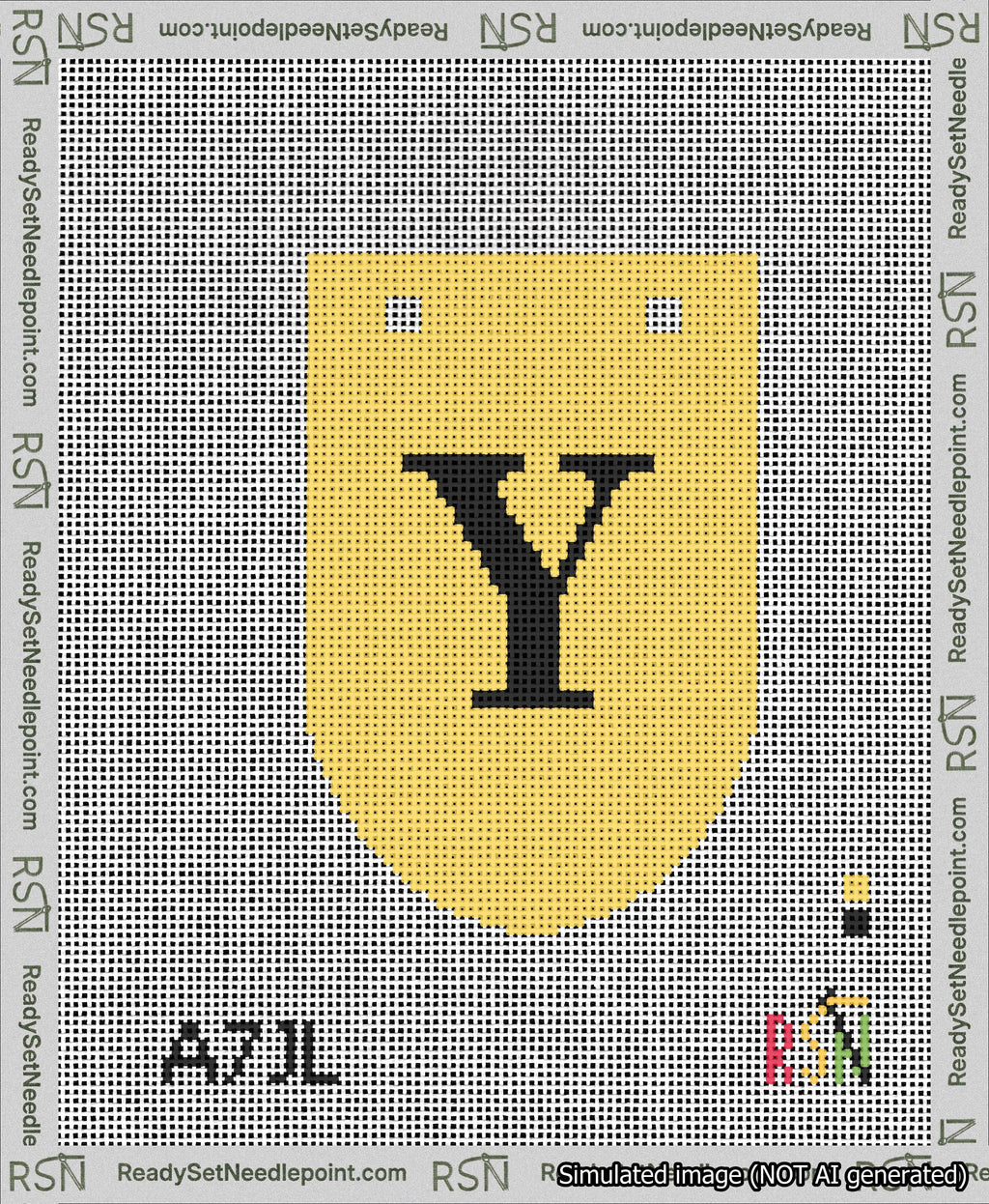A taped needlepoint canvas with the design: Banner 13 mesh count Rounded Y Black on Yellow.