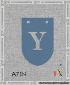 A taped needlepoint canvas with the design: Banner 13 mesh count Rounded Y White on Blue.