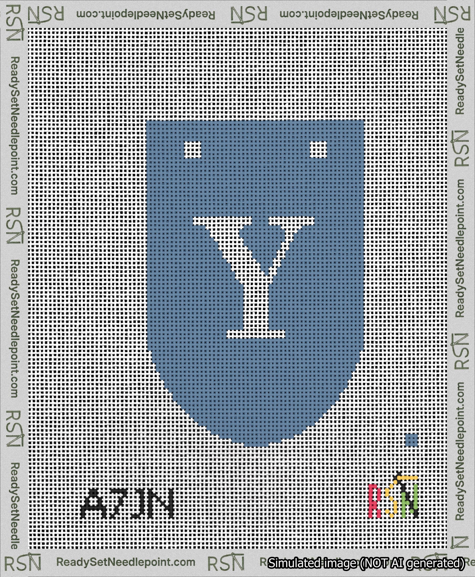 A taped needlepoint canvas with the design: Banner 13 mesh count Rounded Y White on Blue.