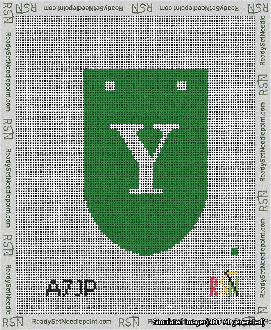 A taped needlepoint canvas with the design: Banner 13 mesh count Rounded Y White on Green.