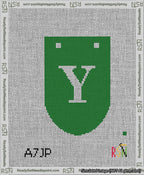 A taped needlepoint canvas with the design: Banner 13 mesh count Rounded Y White on Green.