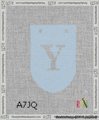 A taped needlepoint canvas with the design: Banner 13 mesh count Rounded Y White on Light Blue.