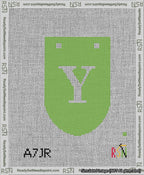 A taped needlepoint canvas with the design: Banner 13 mesh count Rounded Y White on Light Green.