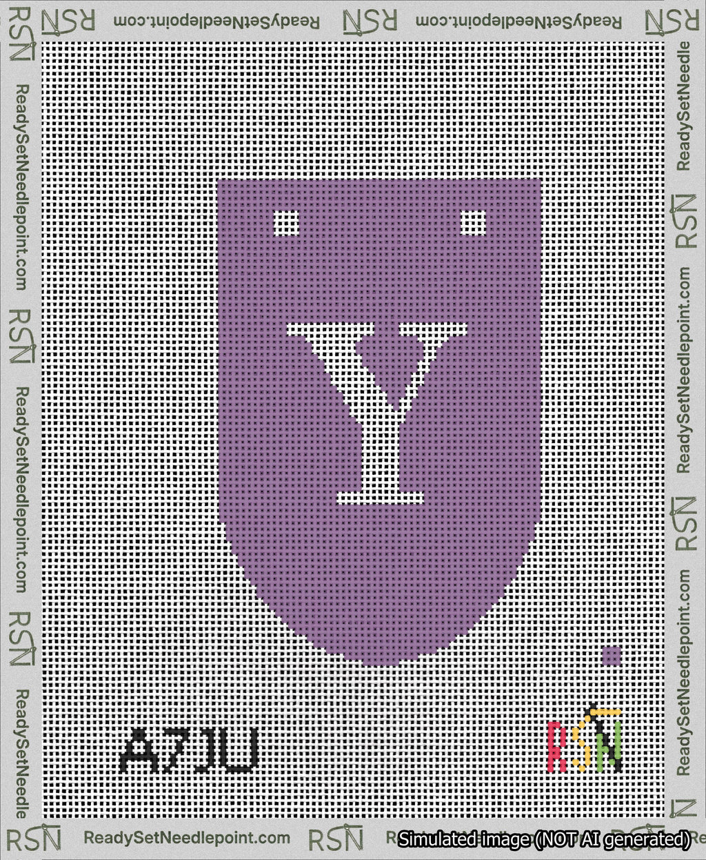 A taped needlepoint canvas with the design: Banner 13 mesh count Rounded Y White on Purple.