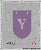 A taped needlepoint canvas with the design: Banner 13 mesh count Rounded Y White on Purple.