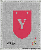 A taped needlepoint canvas with the design: Banner 13 mesh count Rounded Y White on Red.