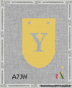 A taped needlepoint canvas with the design: Banner 13 mesh count Rounded Y White on Yellow.