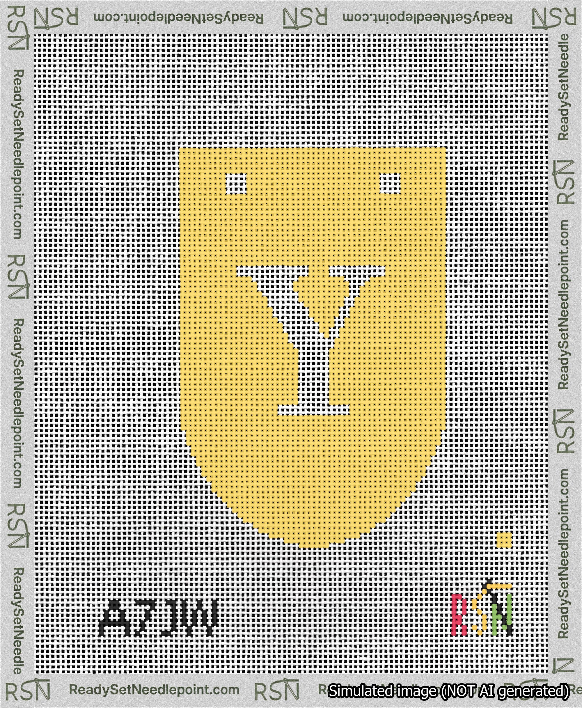 A taped needlepoint canvas with the design: Banner 13 mesh count Rounded Y White on Yellow.