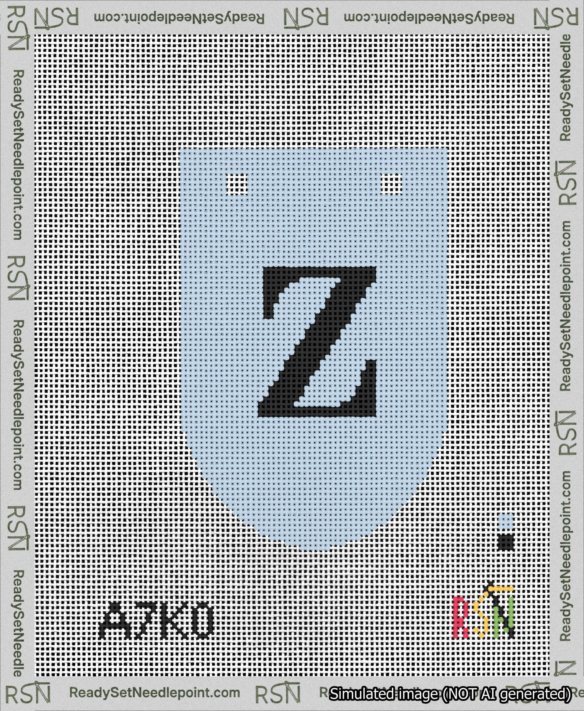 A taped needlepoint canvas with the design: Banner 13 mesh count Rounded Z Black on Light Blue.
