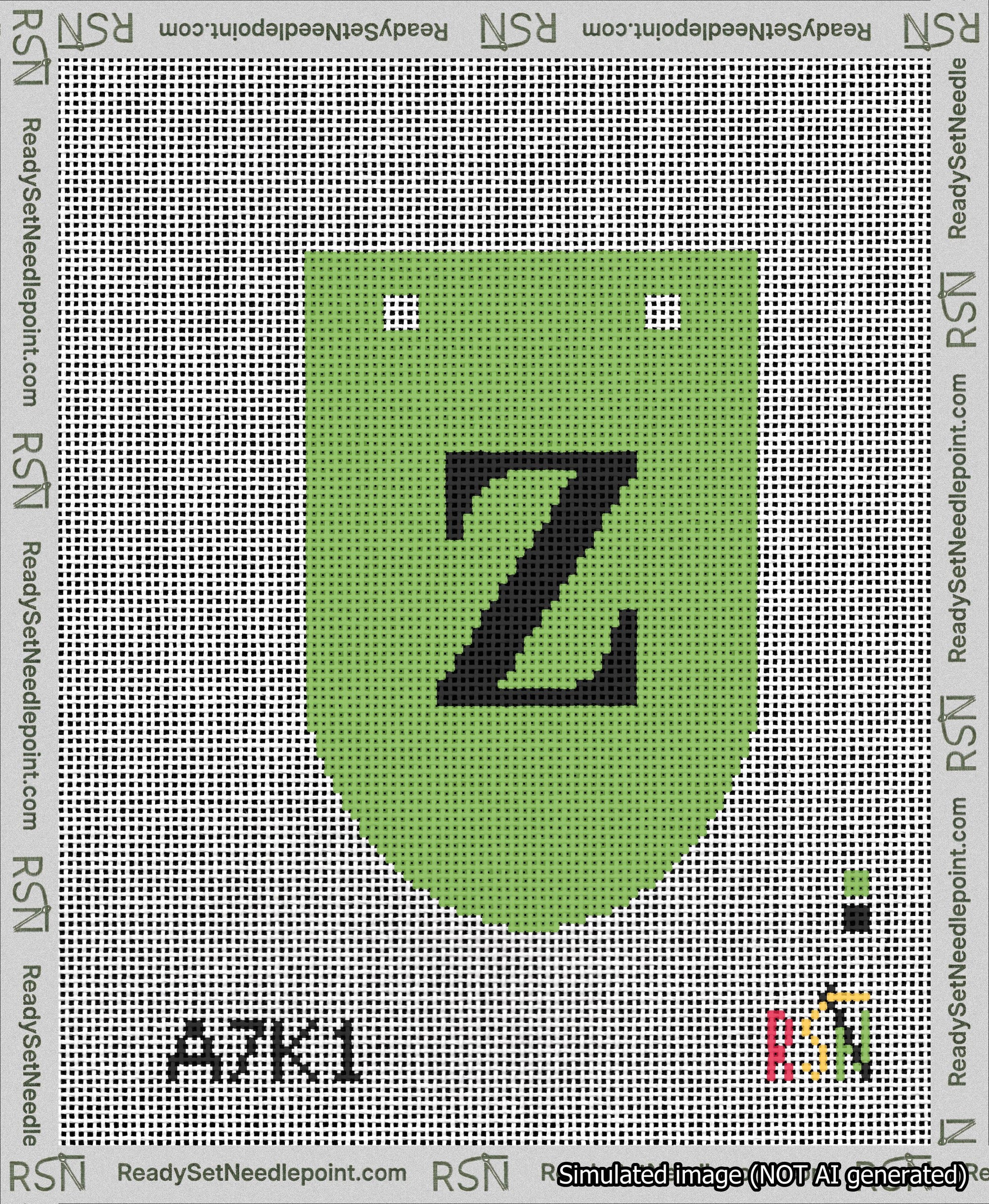 A taped needlepoint canvas with the design: Banner 13 mesh count Rounded Z Black on Light Green.