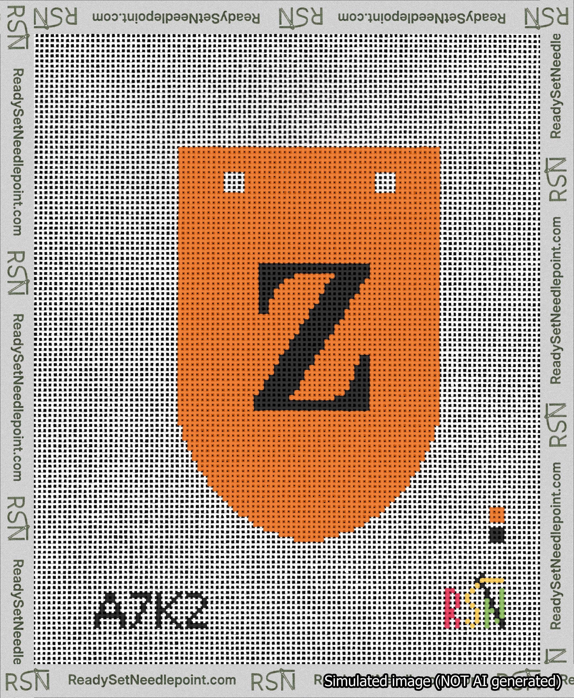 A taped needlepoint canvas with the design: Banner 13 mesh count Rounded Z Black on Orange.