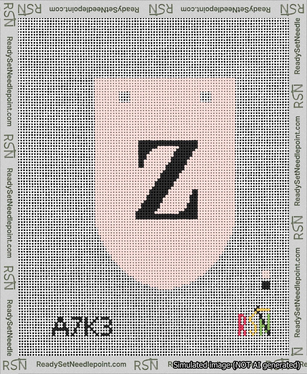 A taped needlepoint canvas with the design: Banner 13 mesh count Rounded Z Black on Pink.