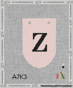 A taped needlepoint canvas with the design: Banner 13 mesh count Rounded Z Black on Pink.