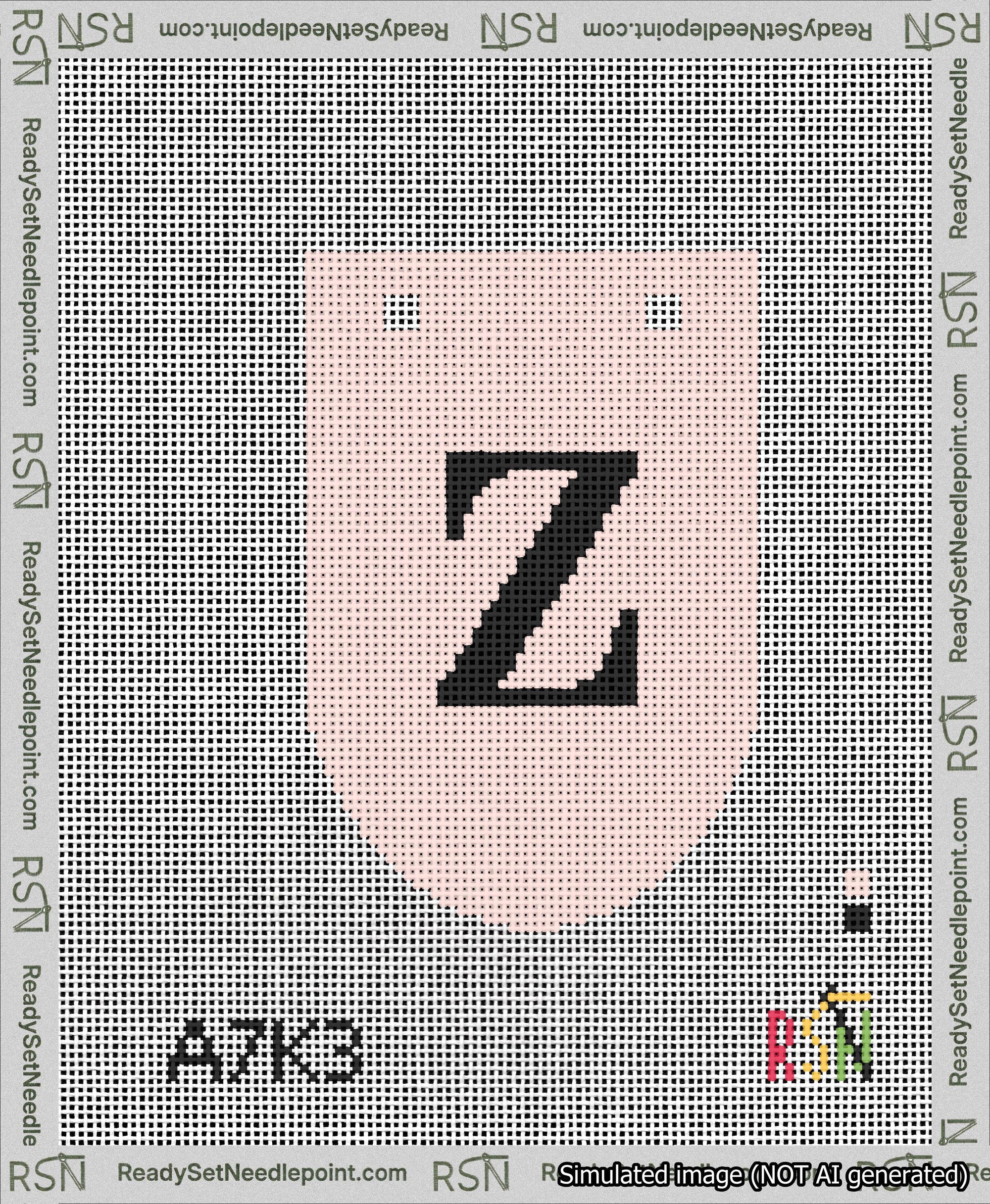 A taped needlepoint canvas with the design: Banner 13 mesh count Rounded Z Black on Pink.