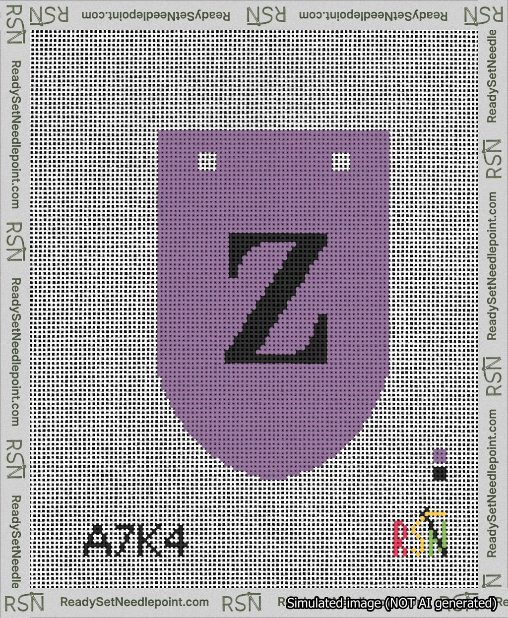 A taped needlepoint canvas with the design: Banner 13 mesh count Rounded Z Black on Purple.