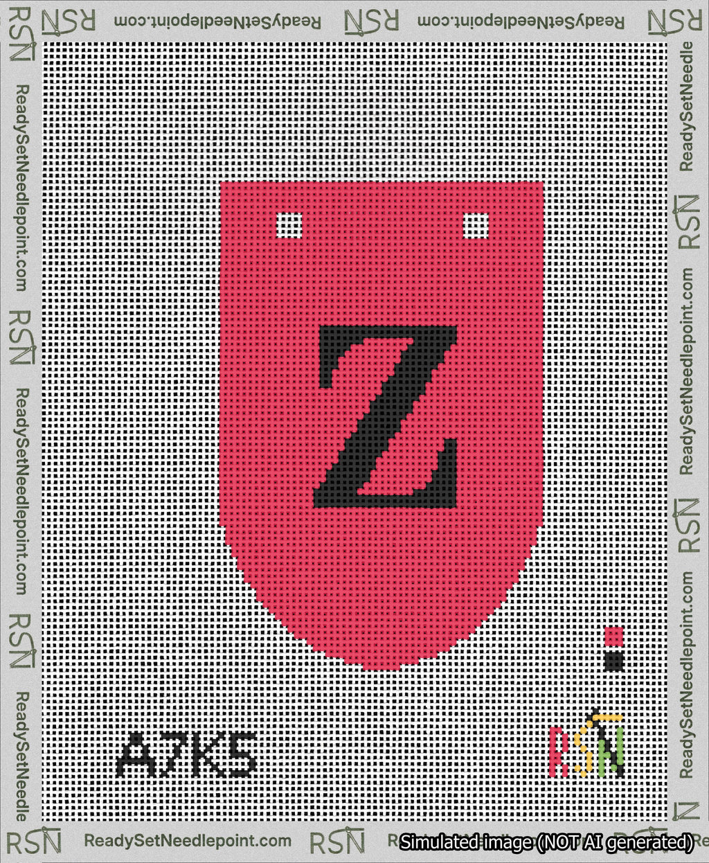 A taped needlepoint canvas with the design: Banner 13 mesh count Rounded Z Black on Red.
