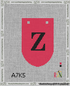 A taped needlepoint canvas with the design: Banner 13 mesh count Rounded Z Black on Red.