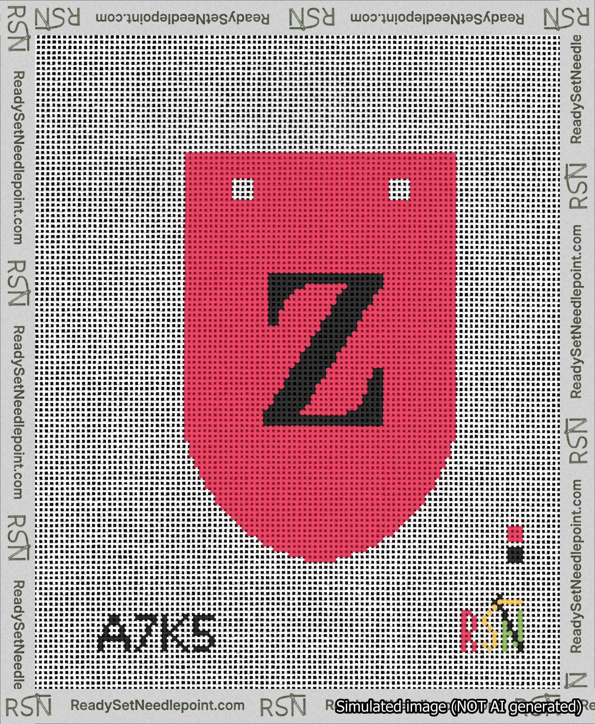 A taped needlepoint canvas with the design: Banner 13 mesh count Rounded Z Black on Red.