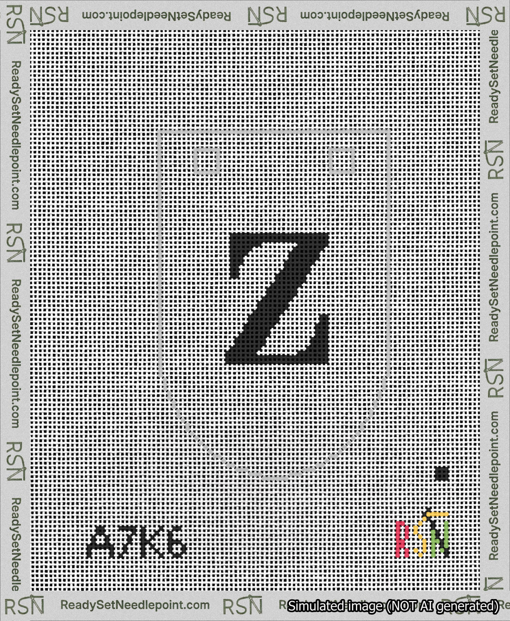 A taped needlepoint canvas with the design: Banner 13 mesh count Rounded Z Black on White.