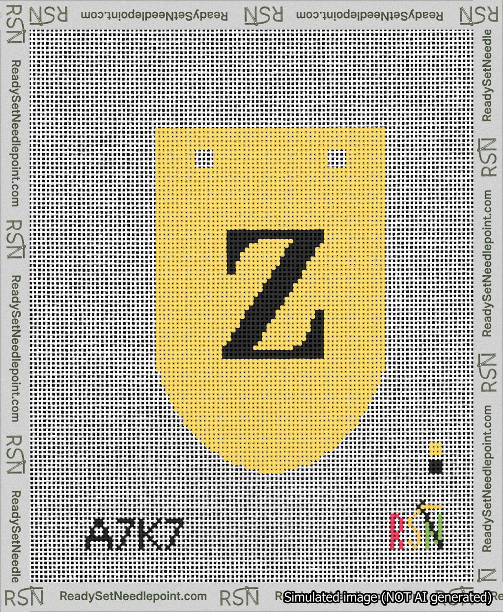 A taped needlepoint canvas with the design: Banner 13 mesh count Rounded Z Black on Yellow.