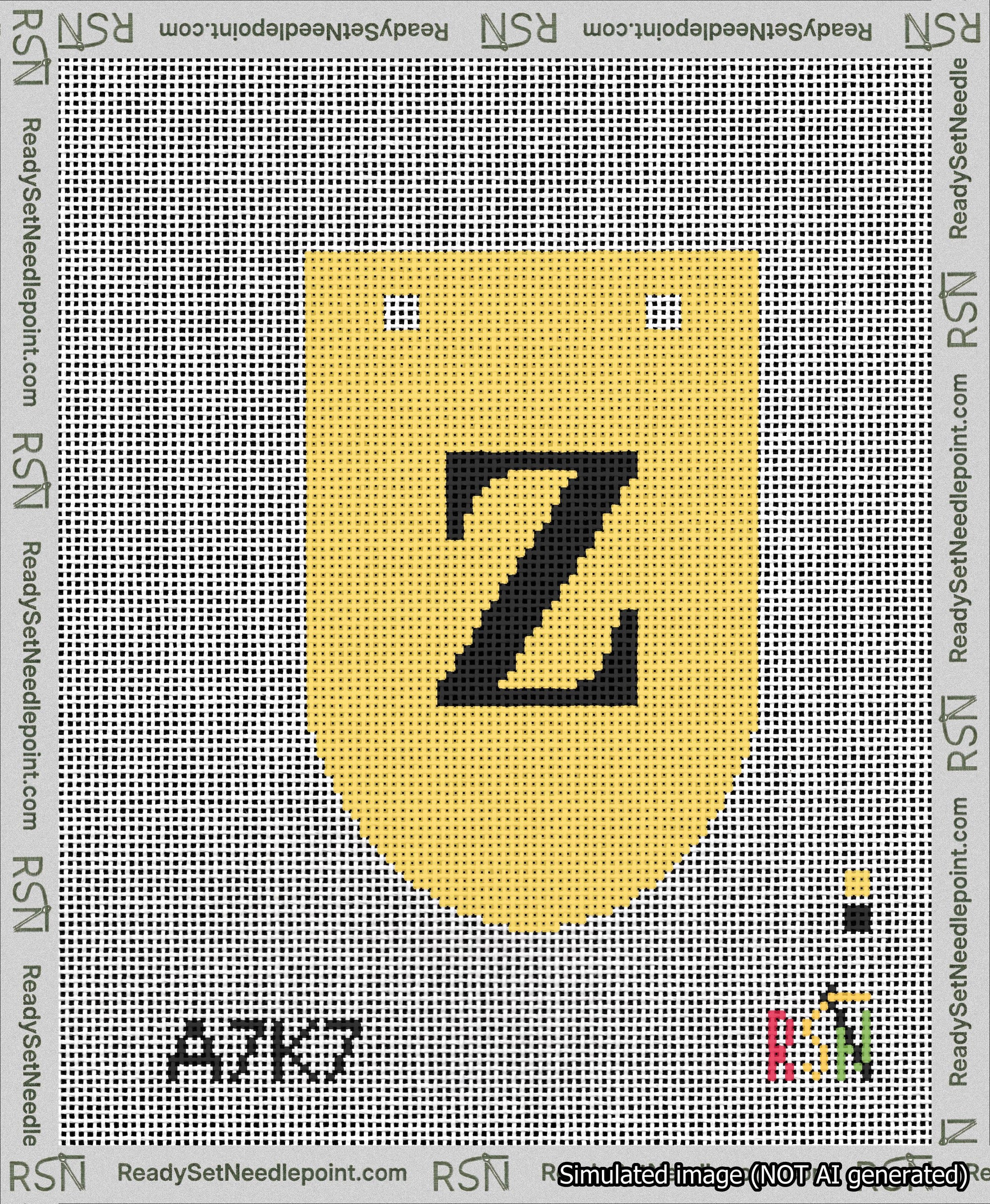 A taped needlepoint canvas with the design: Banner 13 mesh count Rounded Z Black on Yellow.